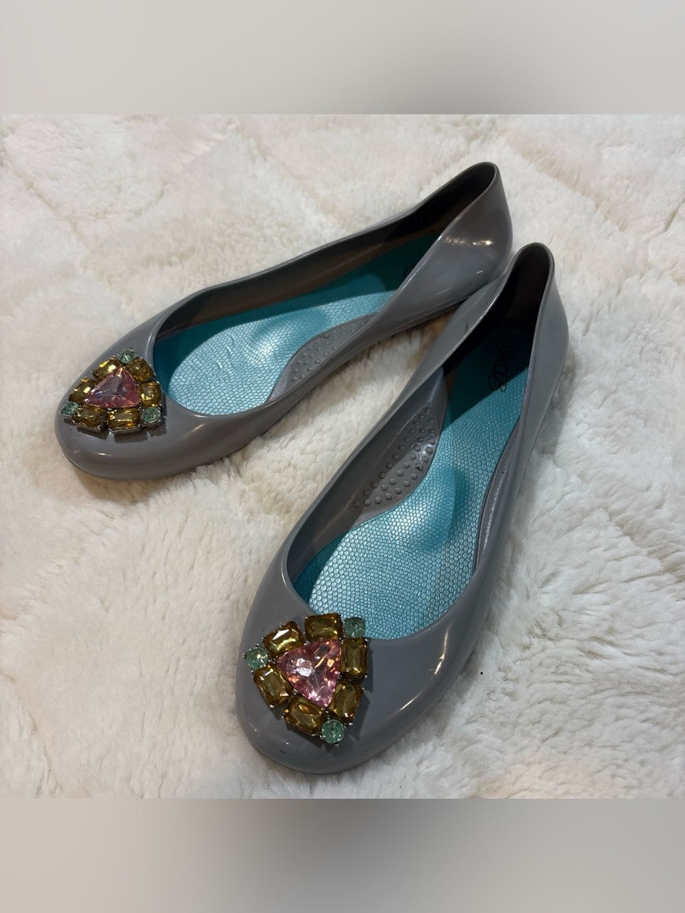 OKAb Okabashi Jelly Flats Rhinestones Gray Women’s Sz 8 Slip On Embellished